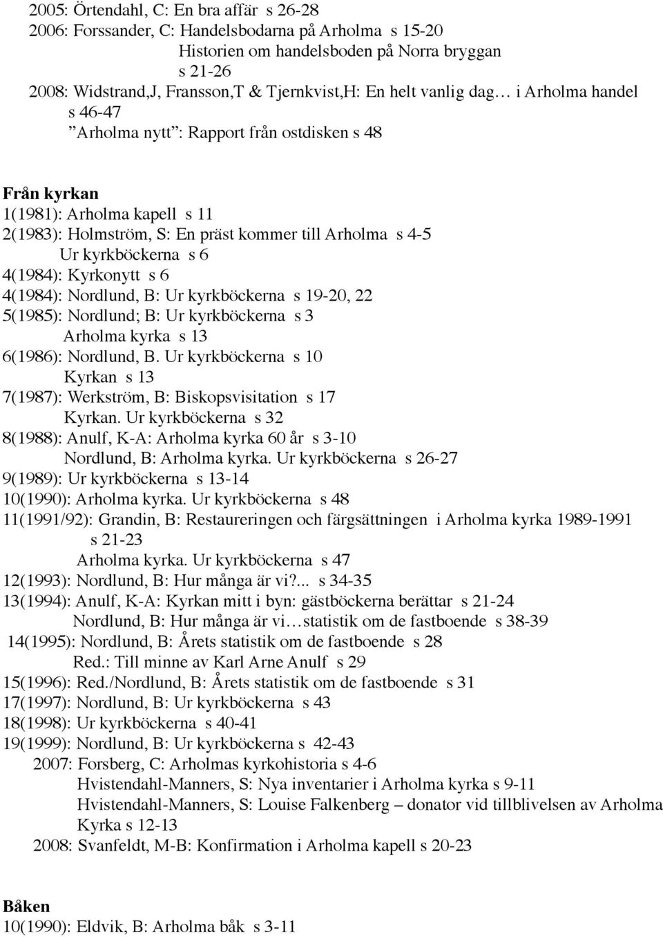 s 6 4(1984): Kyrkonytt s 6 4(1984): Nordlund, B: Ur kyrkböckerna s 19-20, 22 5(1985): Nordlund; B: Ur kyrkböckerna s 3 Arholma kyrka s 13 6(1986): Nordlund, B.