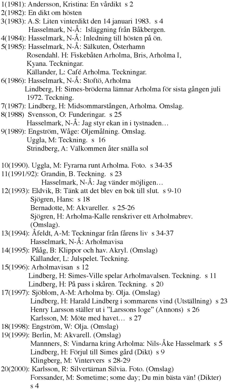 Teckningar. 6(1986): Hasselmark, N-Å: Stoftö, Arholma Lindberg, H: Simes-bröderna lämnar Arholma för sista gången juli 1972. Teckning. 7(1987): Lindberg, H: Midsommarstången, Arholma. Omslag.