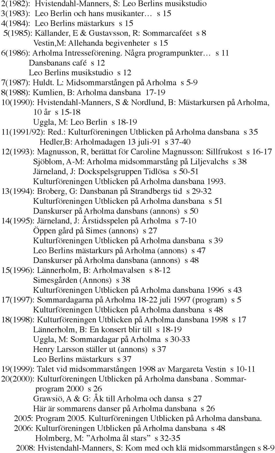 L: Midsommarstången på Arholma s 5-9 8(1988): Kumlien, B: Arholma dansbana 17-19 10(1990): Hvistendahl-Manners, S & Nordlund, B: Mästarkursen på Arholma, 10 år s 15-18 Uggla, M: Leo Berlin s 18-19