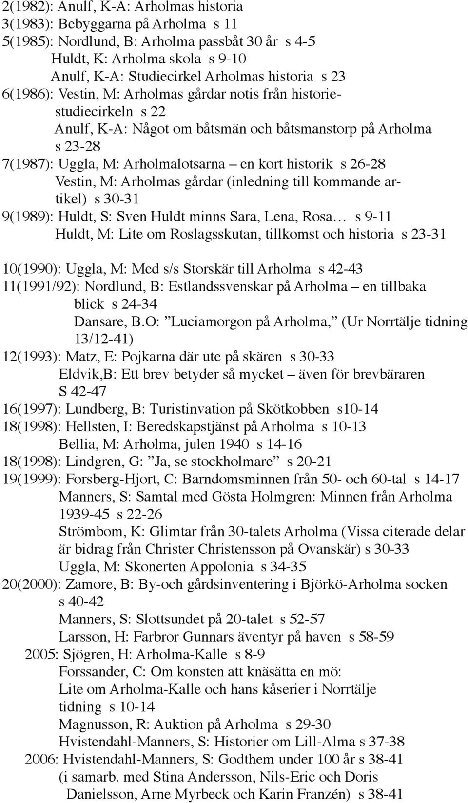 26-28 Vestin, M: Arholmas gårdar (inledning till kommande artikel) s 30-31 9(1989): Huldt, S: Sven Huldt minns Sara, Lena, Rosa s 9-11 Huldt, M: Lite om Roslagsskutan, tillkomst och historia s 23-31