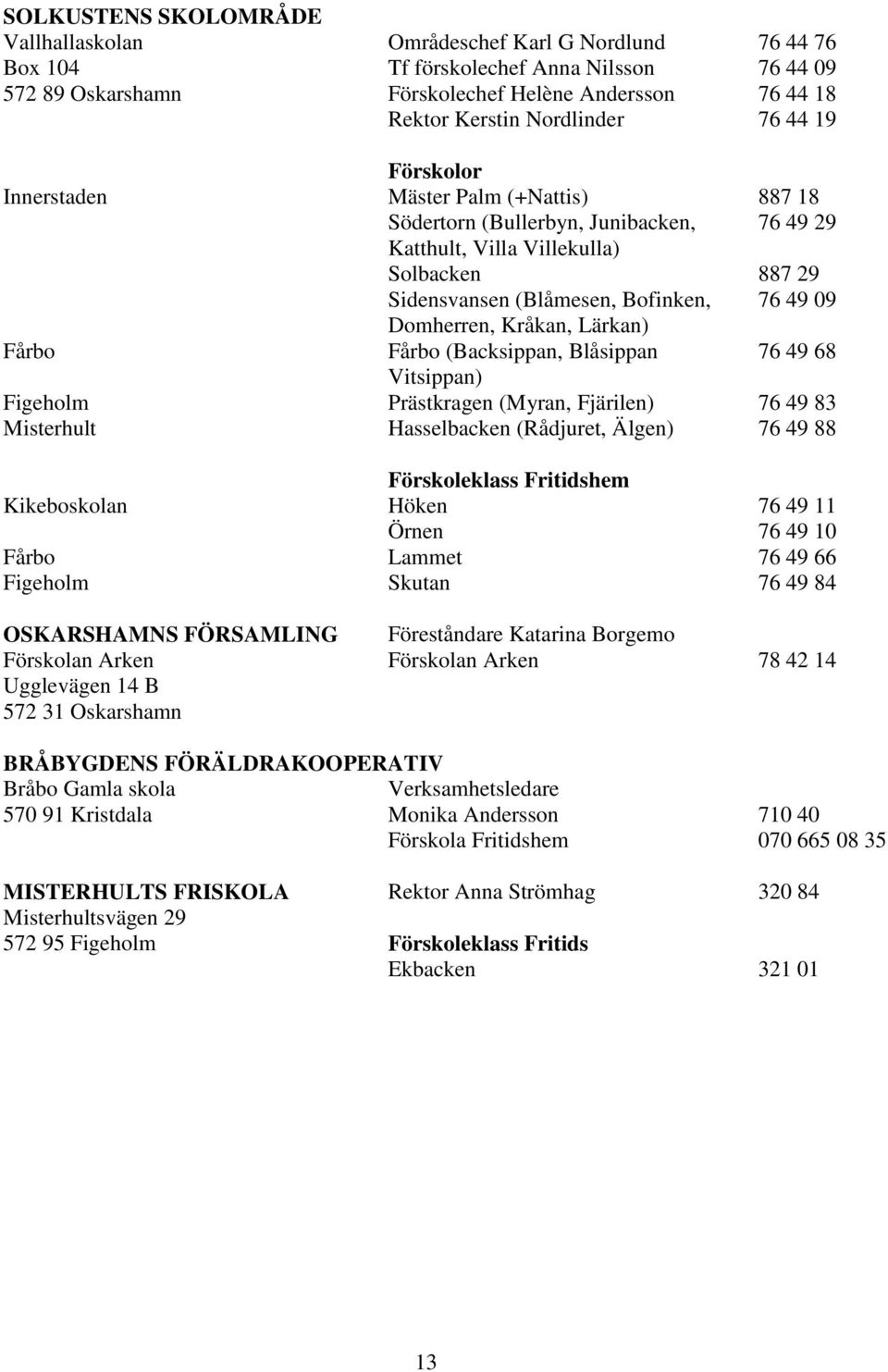 09 Domherren, Kråkan, Lärkan) Fårbo Fårbo (Backsippan, Blåsippan 76 49 68 Vitsippan) Figeholm Prästkragen (Myran, Fjärilen) 76 49 83 Misterhult Hasselbacken (Rådjuret, Älgen) 76 49 88 Förskoleklass