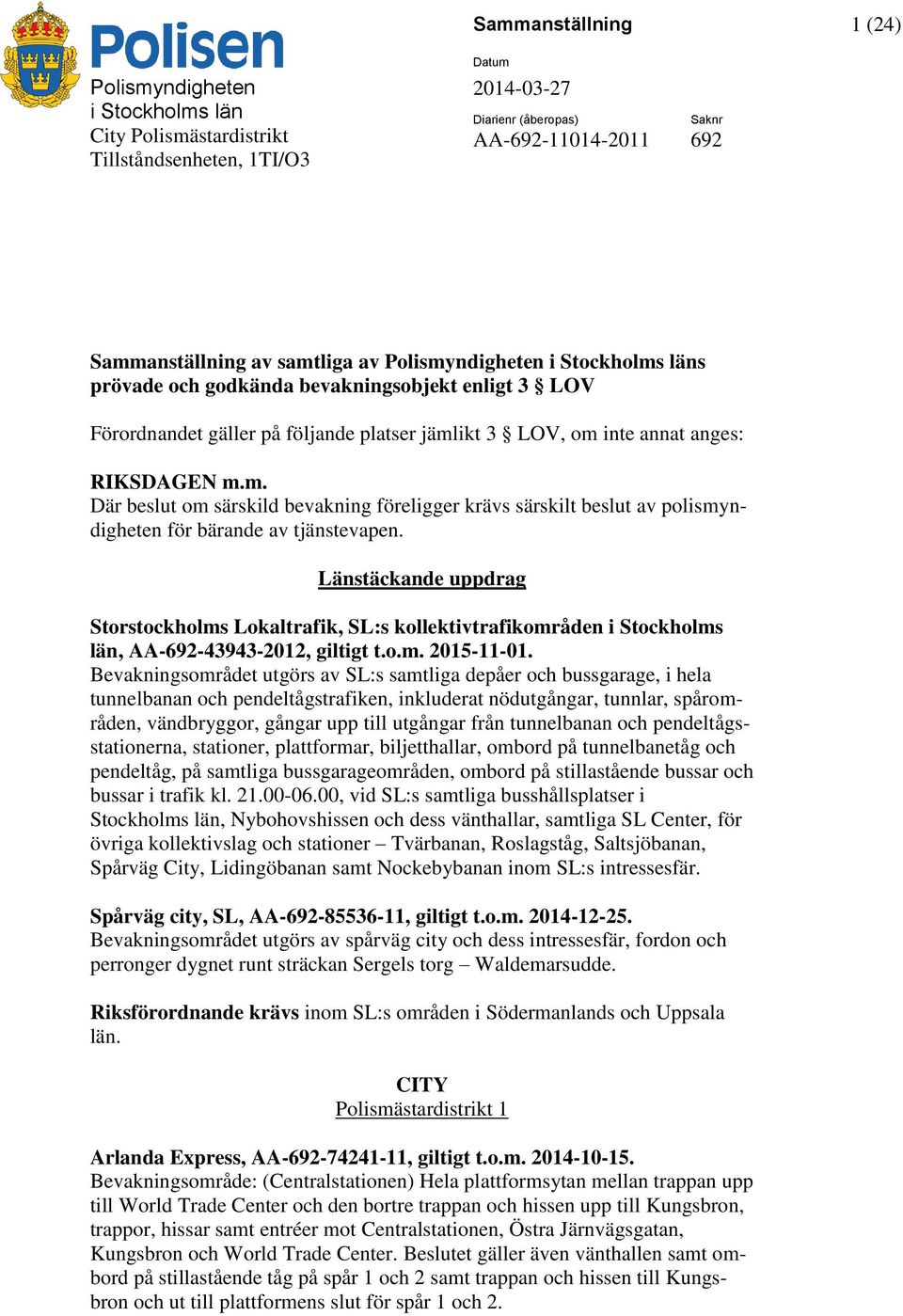 Länstäckande uppdrag Storstockholms Lokaltrafik, SL:s kollektivtrafikområden i Stockholms län, AA-692-43943-2012, giltigt t.o.m. 2015-11-01.