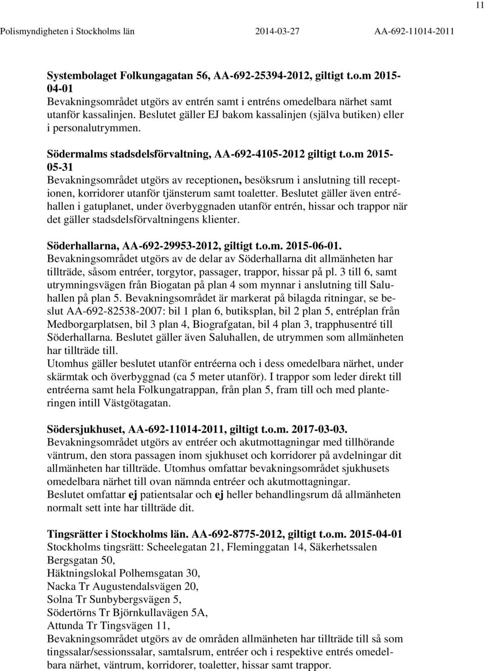 Beslutet gäller även entréhallen i gatuplanet, under överbyggnaden utanför entrén, hissar och trappor när det gäller stadsdelsförvaltningens klienter. Söderhallarna, AA-692-29953-2012, giltigt t.o.m.