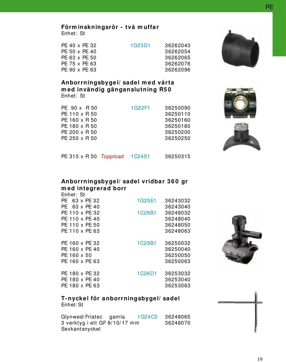 1C24E1 36250315 Anborrningsbygel/sadel vridbar 360 gr med integrerad borr PE 63 x PE 32 1G25E1 36243032 PE 63 x PE 40 36243040 PE 110 x PE 32 1C28B1 36248032 PE 110 x PE 40 36248040 PE 110 x PE 50