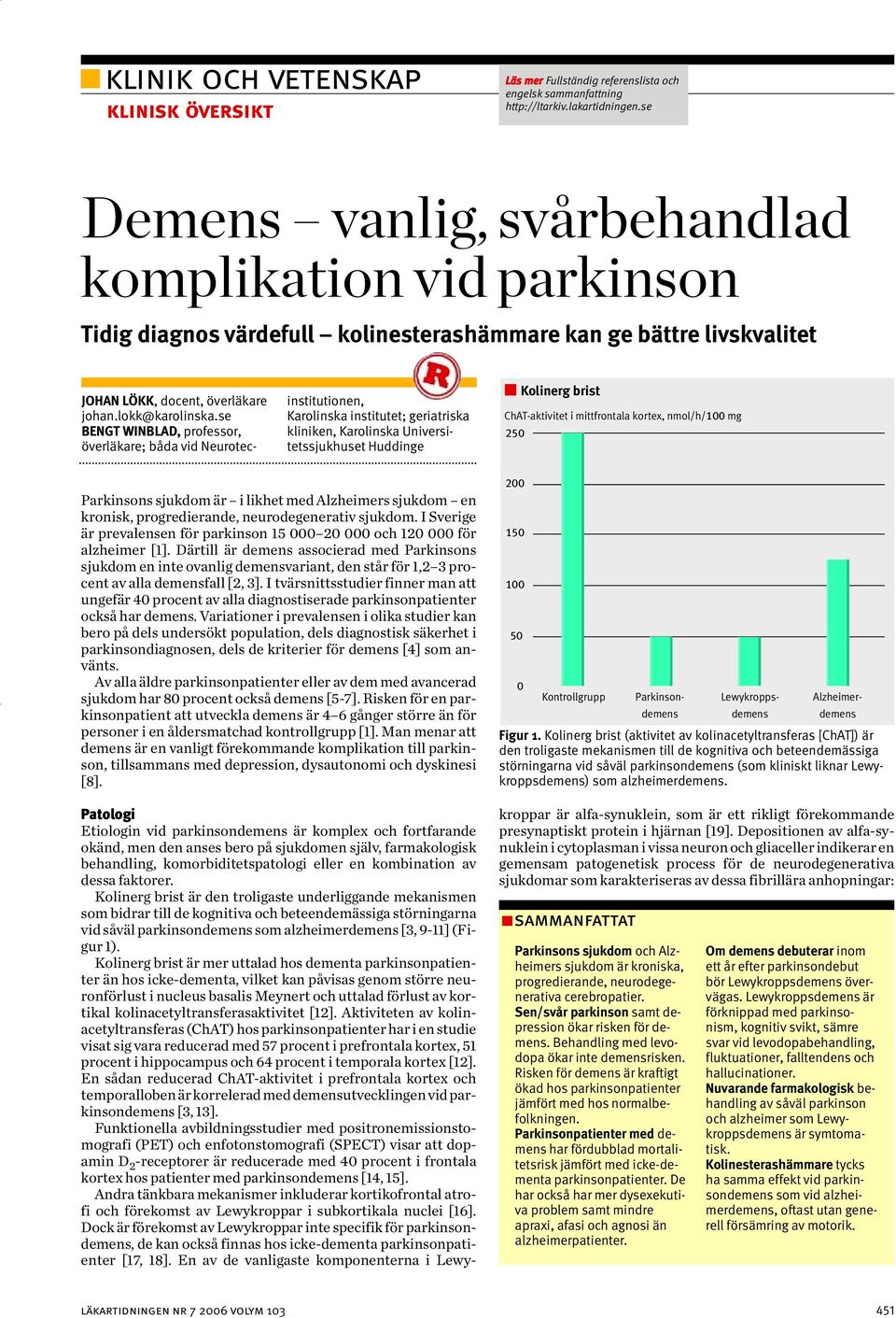 se BENGT WINBLAD, professor, överläkare; båda vid Neurotecinstitutionen, Karolinska institutet; geriatriska kliniken, Karolinska Universitetssjukhuset Huddinge 250 Kolinerg brist ChAT-aktivitet i