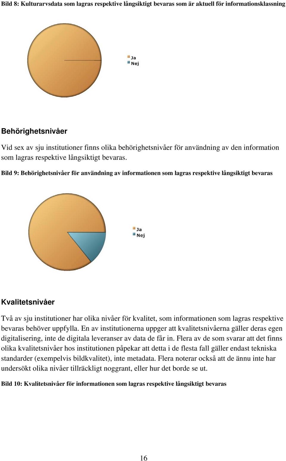 Bild 9: Behörighetsnivåer för användning av informationen som lagras respektive långsiktigt bevaras Kvalitetsnivåer Två av sju institutioner har olika nivåer för kvalitet, som informationen som