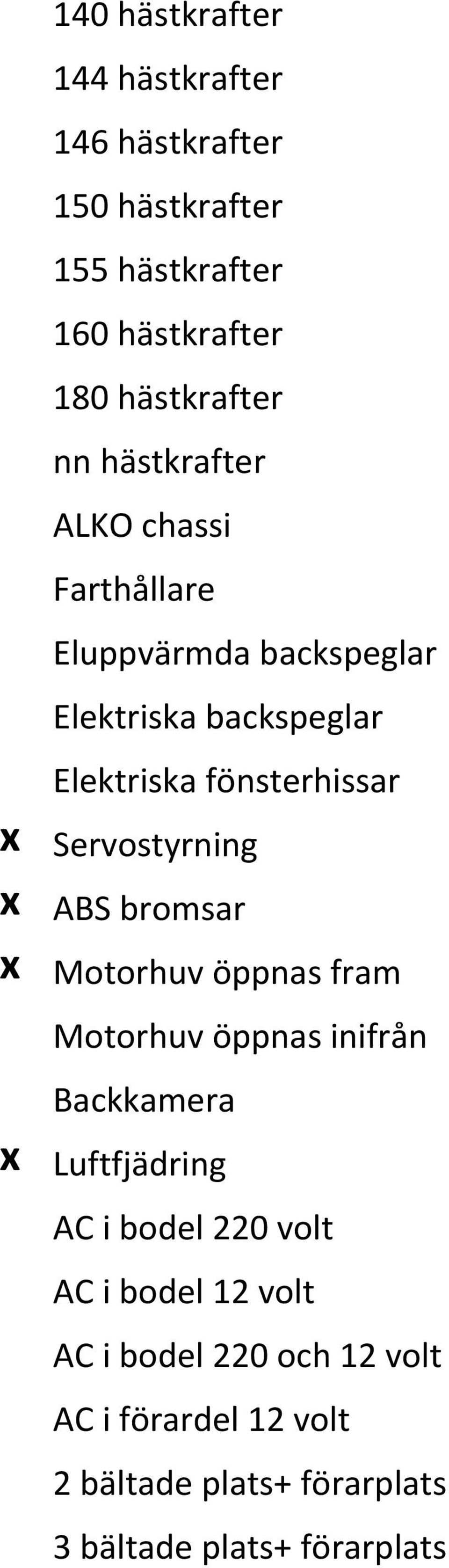 Servostyrning x ABS bromsar x Motorhuv öppnas fram Motorhuv öppnas inifrån Backkamera x Luftfjädring AC i bodel 220