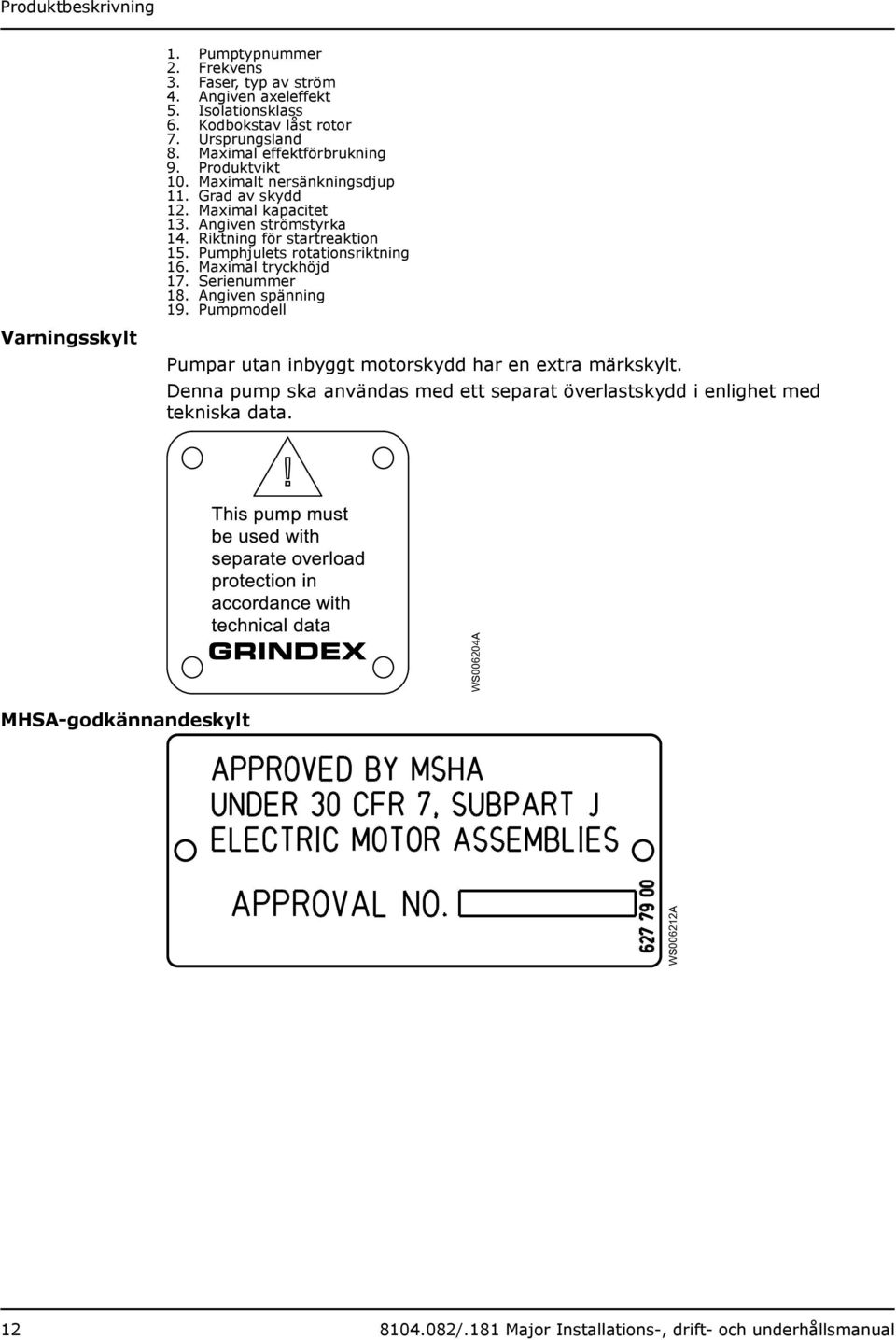 Pumphjulets rotationsriktning 16. Maximal tryckhöjd 17. Serienummer 18. Angiven spänning 19. Pumpmodell Pumpar utan inbyggt motorskydd har en extra märkskylt.