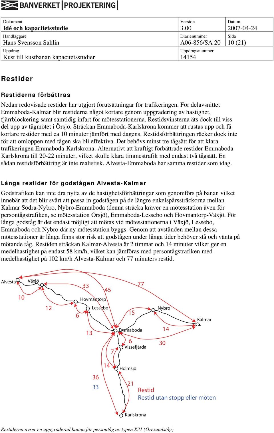 Restidsvinsterna äts dock till viss del upp av tågmötet i Örsjö. Sträckan -Karlskrona kommer att rustas upp och få kortare restider med ca 10 minuter jämfört med dagens.