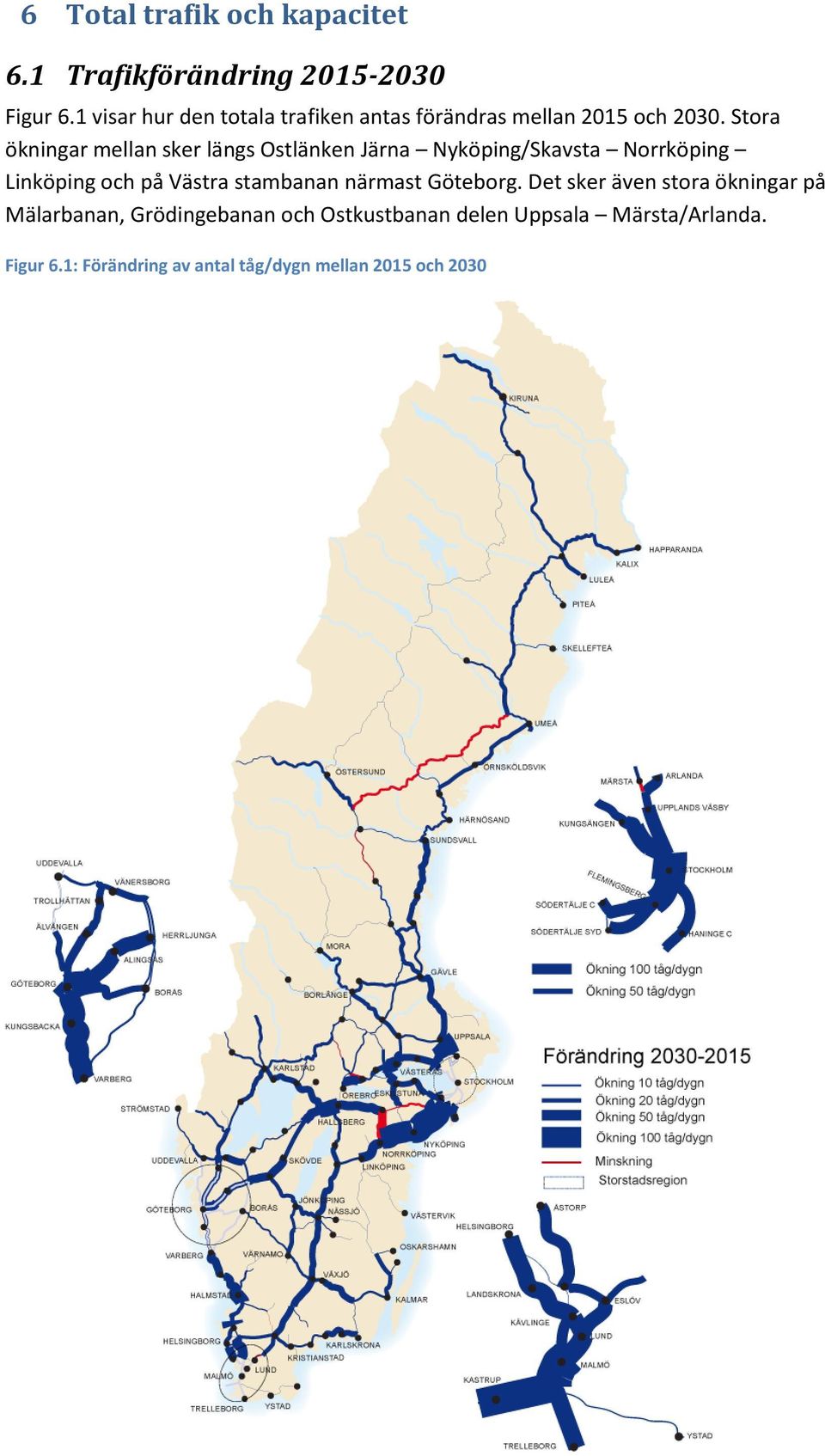 Stora ökningar mellan sker längs Ostlänken Järna Nyköping/Skavsta Norrköping Linköping och på Västra