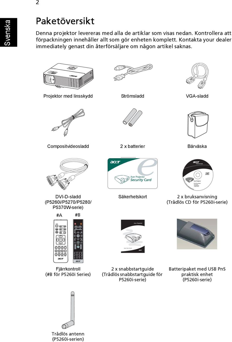 Projektor med linsskydd Strömsladd VGA-sladd Compositvideosladd 2 x batterier Bärväska DVI-D-sladd (P5260i/P5270/P5280/ P5370W-serie) #A #B Säkerhetskort 2 x