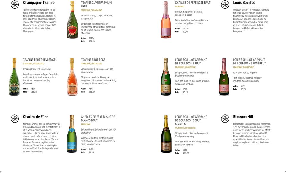 TSARINE CUVÉE PREMIUM BRUT FRANKRIKE, CHAMPAGNE 34% chardonnay, 33% pinot meunier, 33% pinot noir Elegant och frisk med inslag av limeblomma, citrusfrukt och päron med en lätt krämig mousse och en