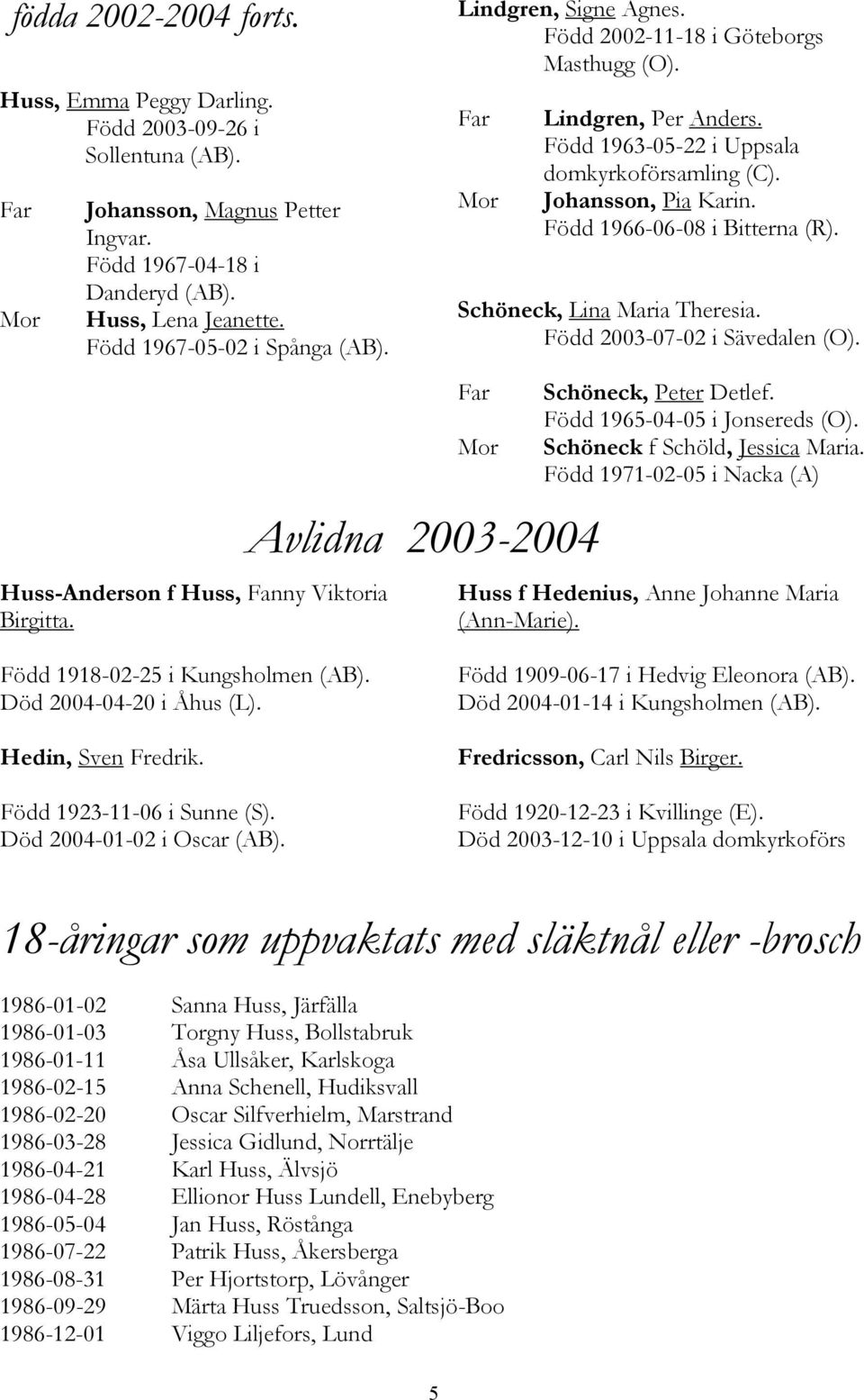 Född 1963-05-22 i Uppsala domkyrkoförsamling (C). Johansson, Pia Karin. Född 1966-06-08 i Bitterna (R). Schöneck, Lina Maria Theresia. Född 2003-07-02 i Sävedalen (O). Far Mor Schöneck, Peter Detlef.