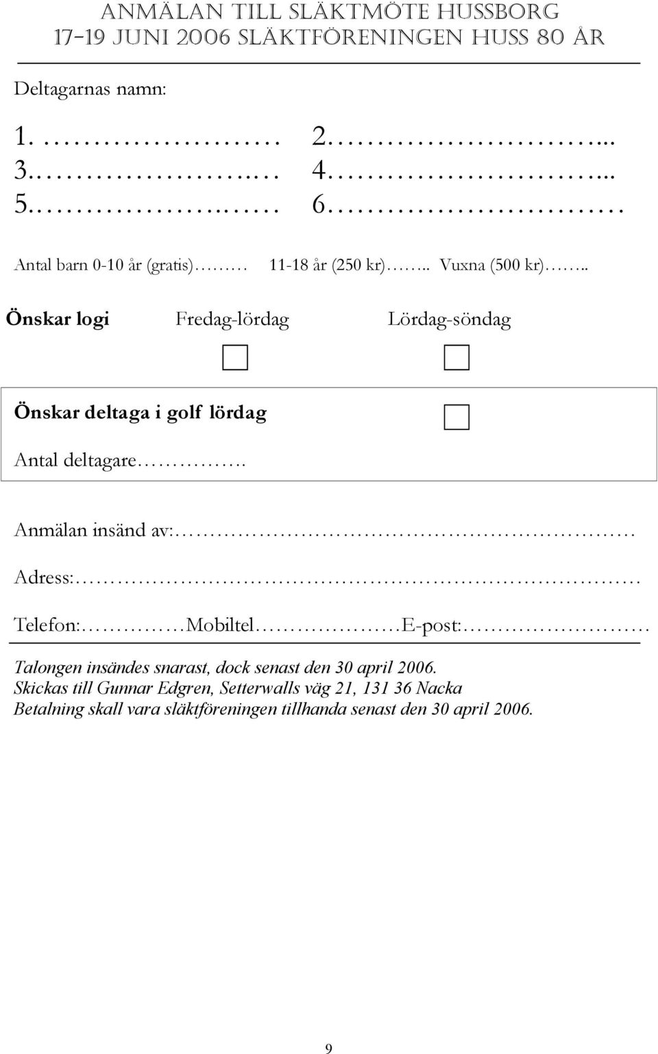 . Önskar logi Fredag-lördag Lördag-söndag Önskar deltaga i golf lördag Antal deltagare.