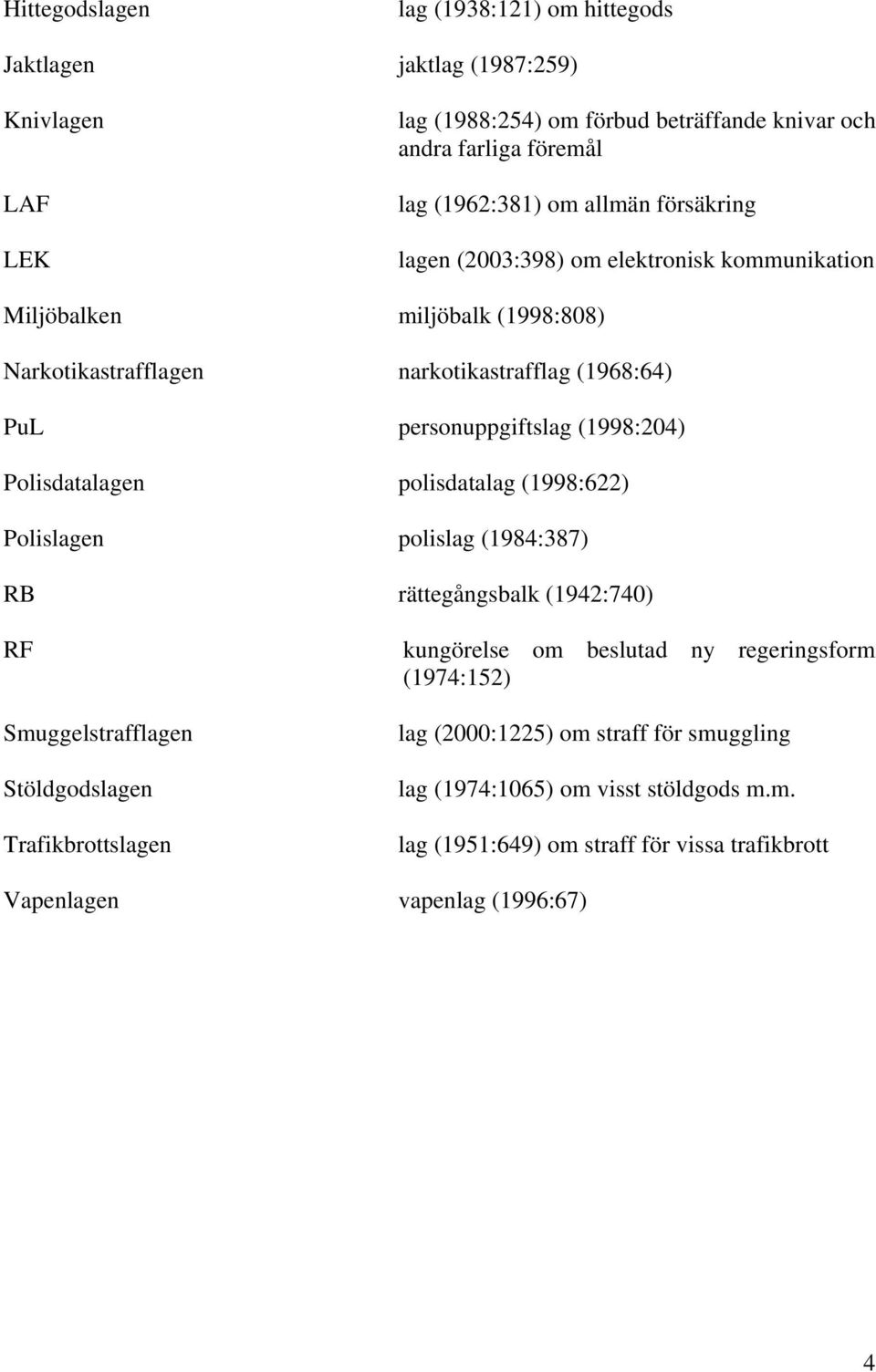 Polisdatalagen polisdatalag (1998:622) Polislagen polislag (1984:387) RB rättegångsbalk (1942:740) RF Smuggelstrafflagen Stöldgodslagen Trafikbrottslagen kungörelse om beslutad ny