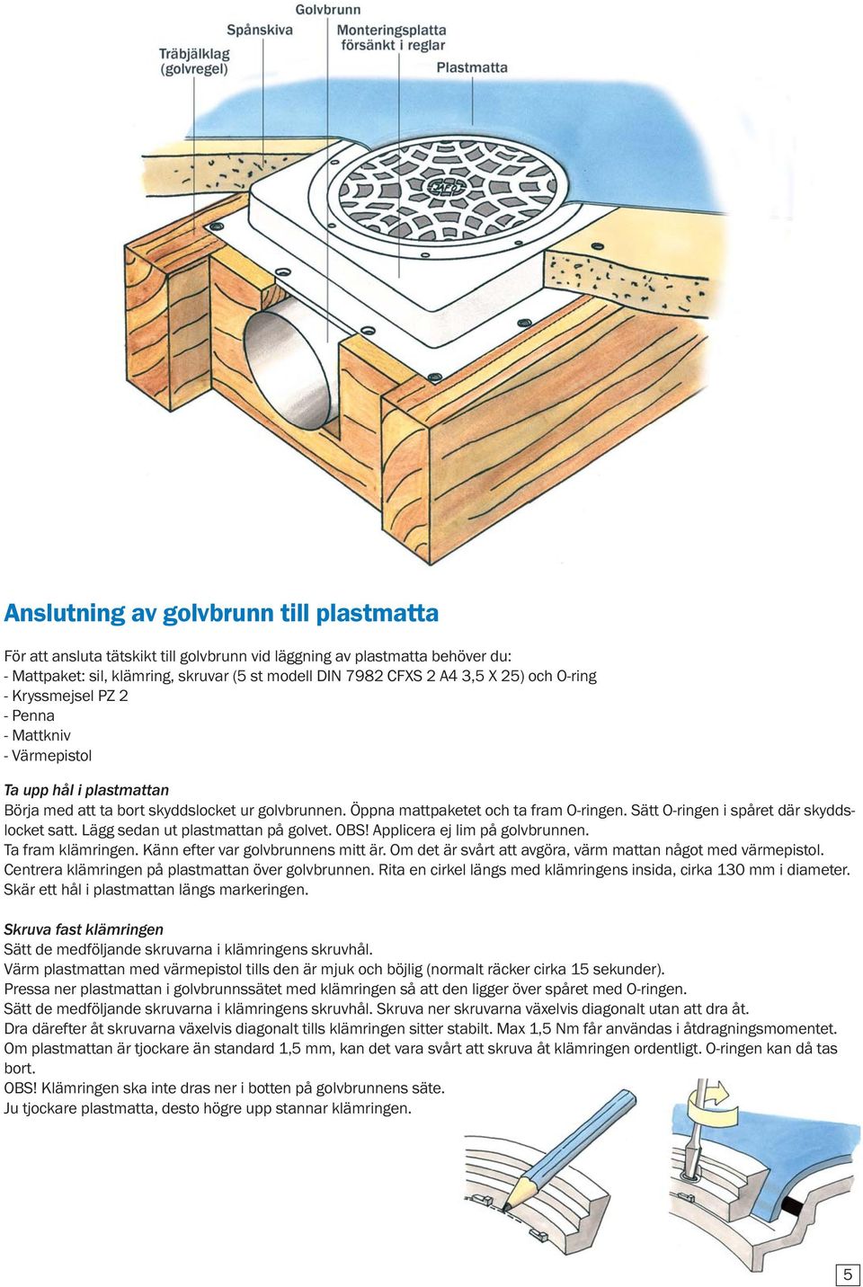 Sätt O-ringen i spåret där skyddslocket satt. Lägg sedan ut plastmattan på golvet. OBS! Applicera ej lim på golvbrunnen. Ta fram klämringen. Känn efter var golvbrunnens mitt är.