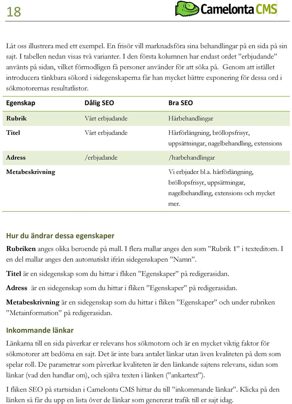 Genom att istället introducera tänkbara sökord i sidegenskaperna får han mycket bättre exponering för dessa ord i sökmotorernas resultatlistor.