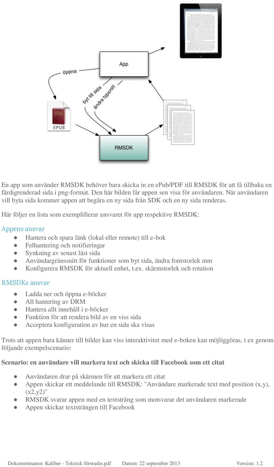 Här följer en lista som exemplifierar ansvaret för app respektive RMSDK: Appens ansvar Hantera och spara länk (lokal eller remote) till e-bok Felhantering och notifieringar Synkning av senast läst