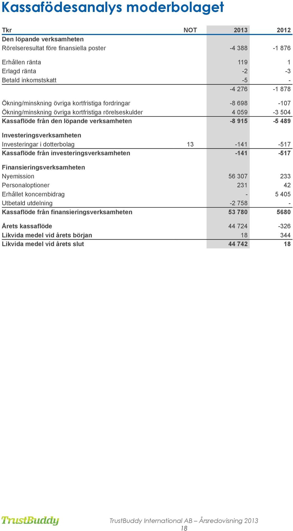 Investeringsverksamheten Investeringar i dotterbolag 13-141 -517 Kassaflöde från investeringsverksamheten -141-517 Finansieringsverksamheten Nyemission 56 307 233 Personaloptioner 231 42 Erhållet