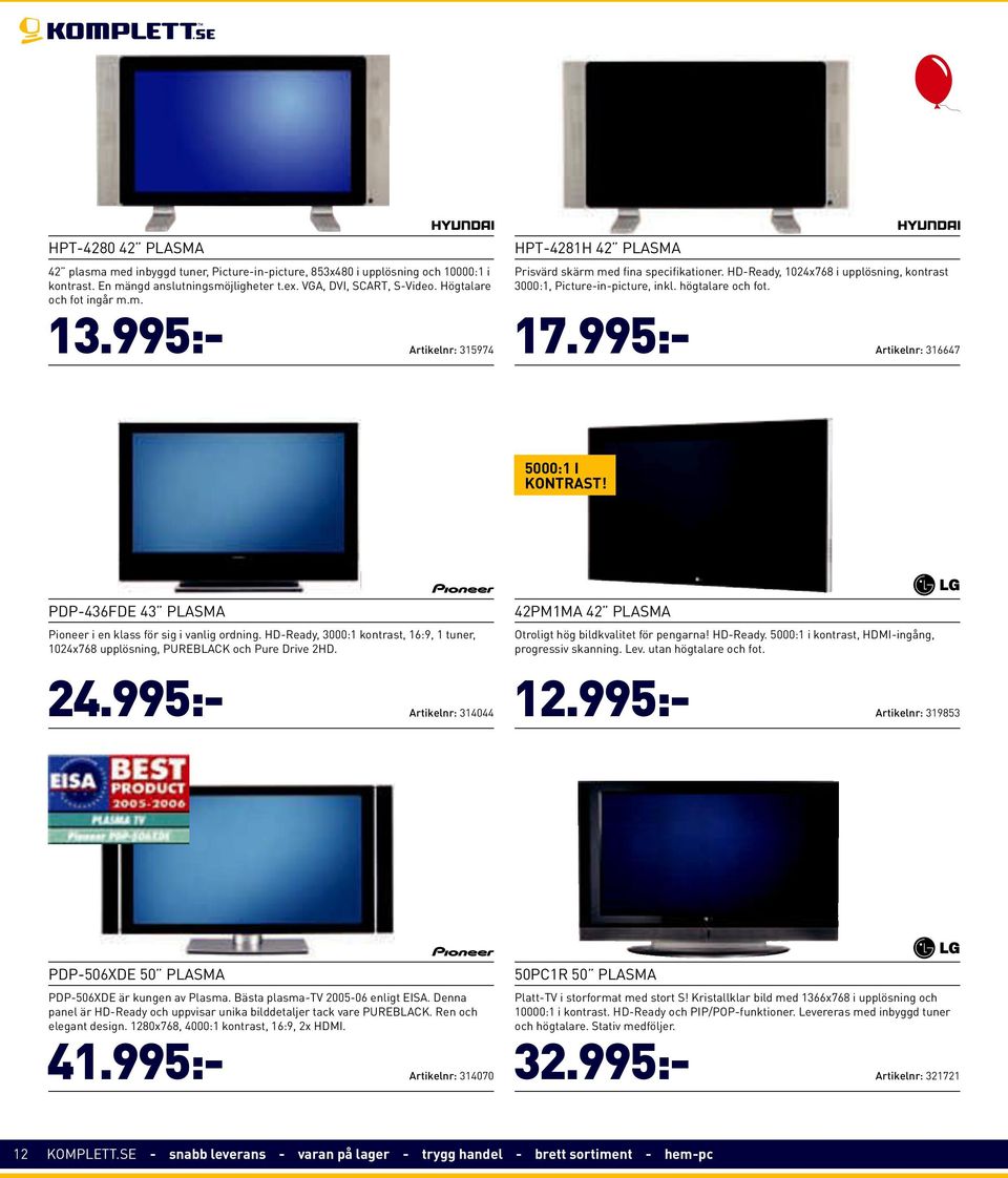 högtalare och fot. Artikelnr: 316647 5000:1 I KONTRAST! PDP-436FDE 43 PLASMA Pioneer i en klass för sig i vanlig ordning.