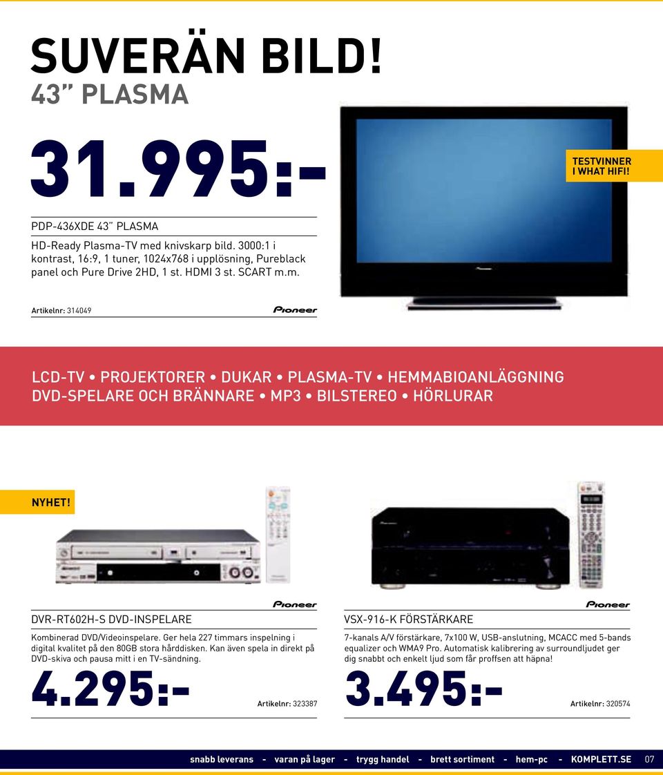 m. Artikelnr: 314049 LCD-TV PROJEKTORER DUKAR PLASMA-TV HEMMABIOANLÄGGNING DVD-SPELARE OCH BRÄNNARE MP3 BILSTEREO HÖRLURAR NYHET! DVR-RT602H-S DVD-INSPELARE VSX-916-K FÖRSTÄRKARE 31.