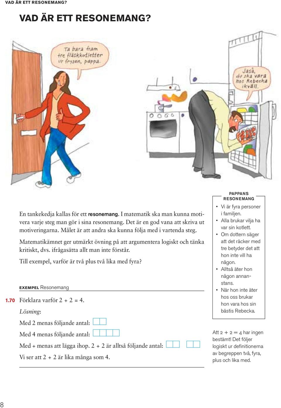 ifrågasätta allt man inte förstår. Till exempel, varför är två plus två lika med fyra? EXEMPEL Resonemang 1.70 Förklara varför 2 +2=4.