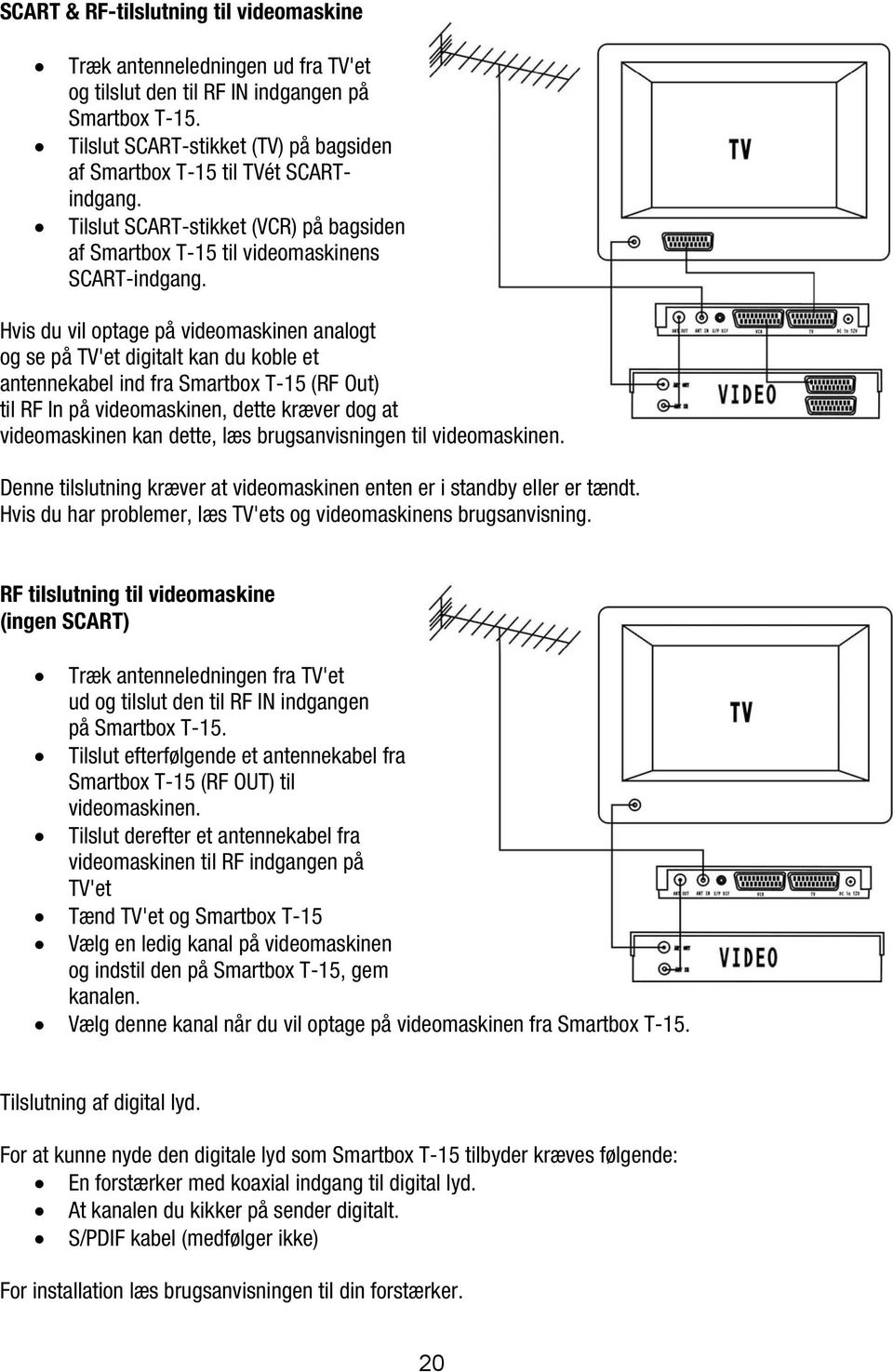 Hvis du vil optage på videomaskinen analogt og se på TV'et digitalt kan du koble et antennekabel ind fra Smartbox T-15 (RF Out) til RF In på videomaskinen, dette kræver dog at videomaskinen kan