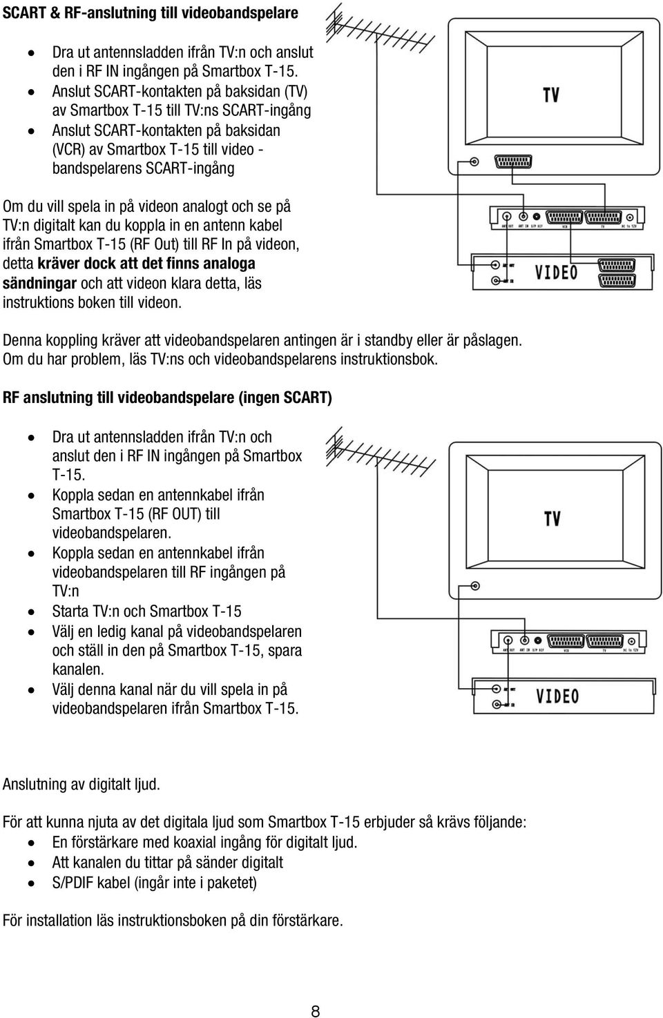 på videon analogt och se på TV:n digitalt kan du koppla in en antenn kabel ifrån Smartbox T-15 (RF Out) till RF In på videon, detta kräver dock att det finns analoga sändningar och att videon klara