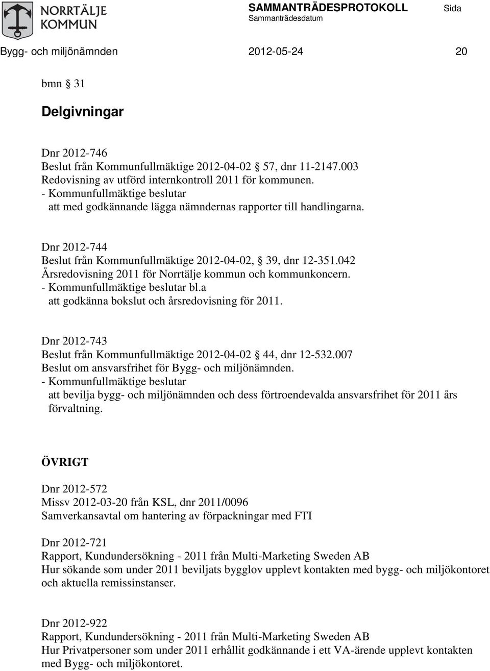 042 Årsredovisning 2011 för Norrtälje kommun och kommunkoncern. - Kommunfullmäktige beslutar bl.a att godkänna bokslut och årsredovisning för 2011.