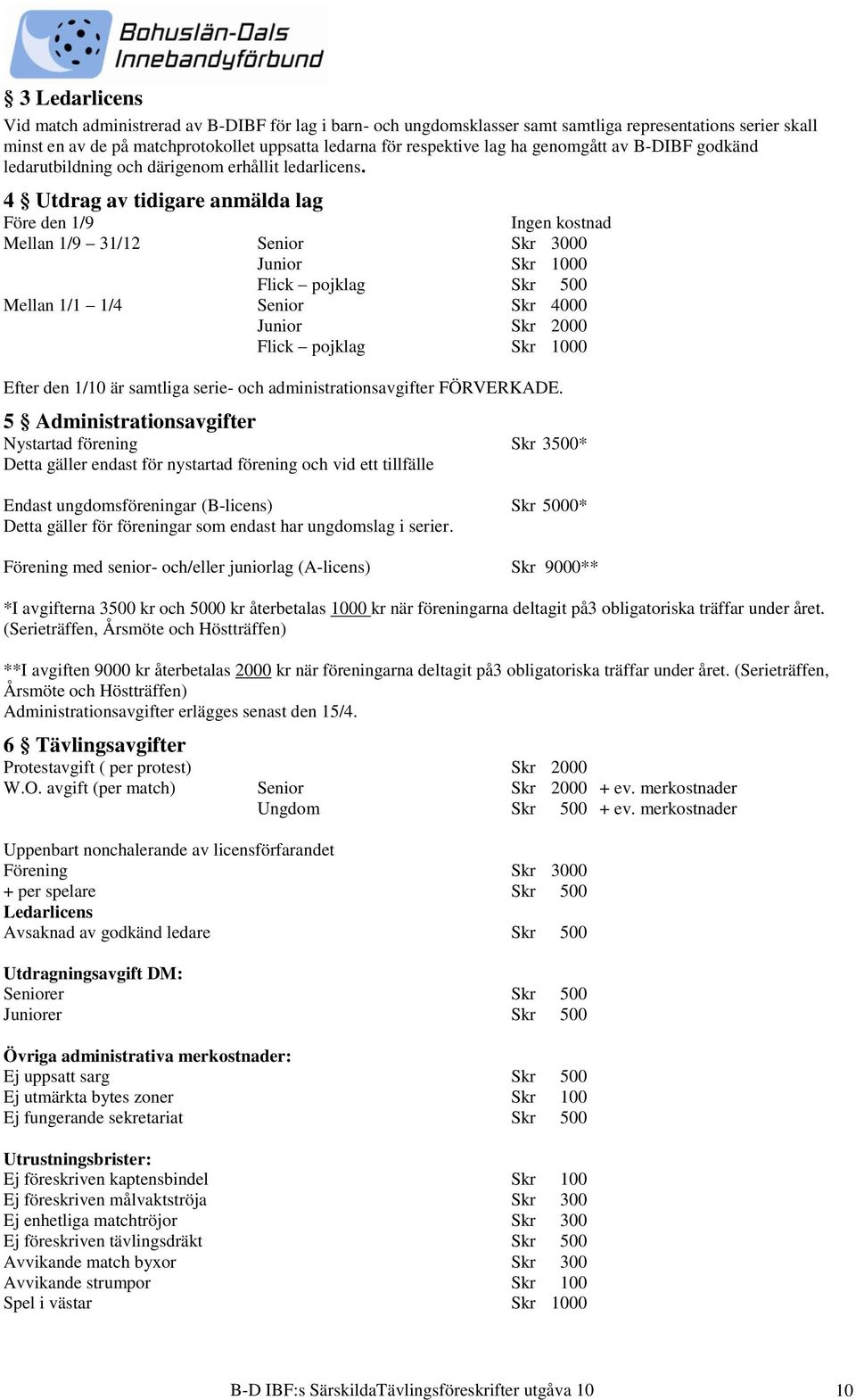 4 Utdrag av tidigare anmälda lag Före den 1/9 Ingen kostnad Mellan 1/9 31/12 Senior Skr 3000 Junior Skr 1000 Flick pojklag Skr 500 Mellan 1/1 1/4 Senior Skr 4000 Junior Skr 2000 Flick pojklag Skr