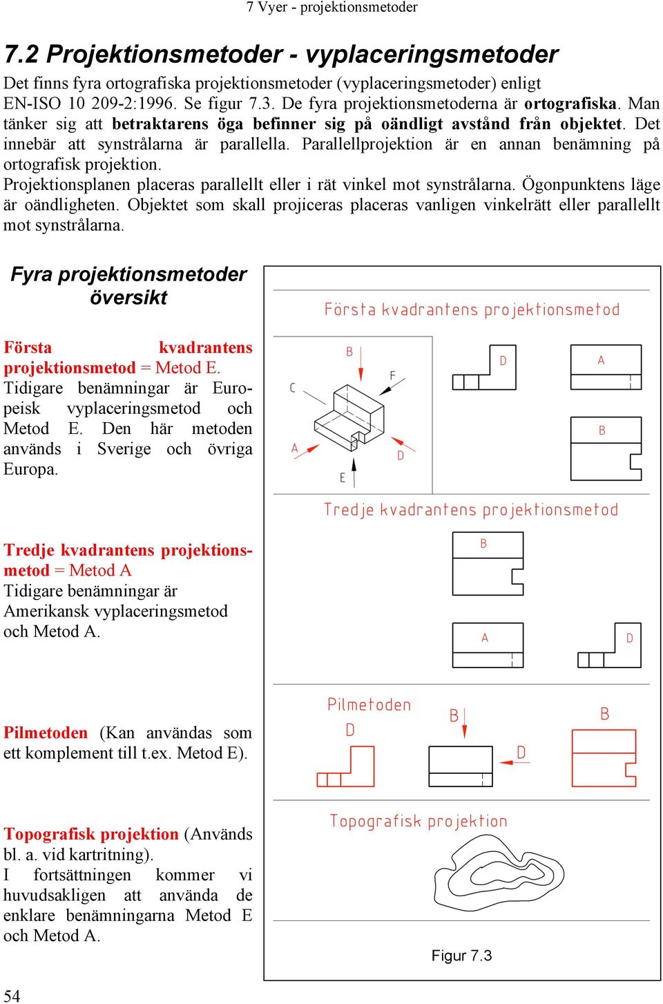 Parallellprojektion är en annan benämning på ortografisk projektion. Projektionsplanen placeras parallellt eller i rät vinkel mot synstrålarna. Ögonpunktens läge är oändligheten.