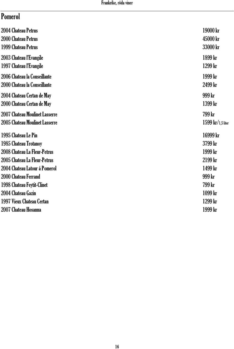 2005 Chateau Moulinet Lasserre 1599 kr/1,5 liter 1995 Chateau Le Pin 16999 kr 1985 Chateau Trotanoy 3799 kr 2008 Chateau La Fleur-Petrus 1999 kr 2005 Chateau La Fleur-Petrus 2199 kr