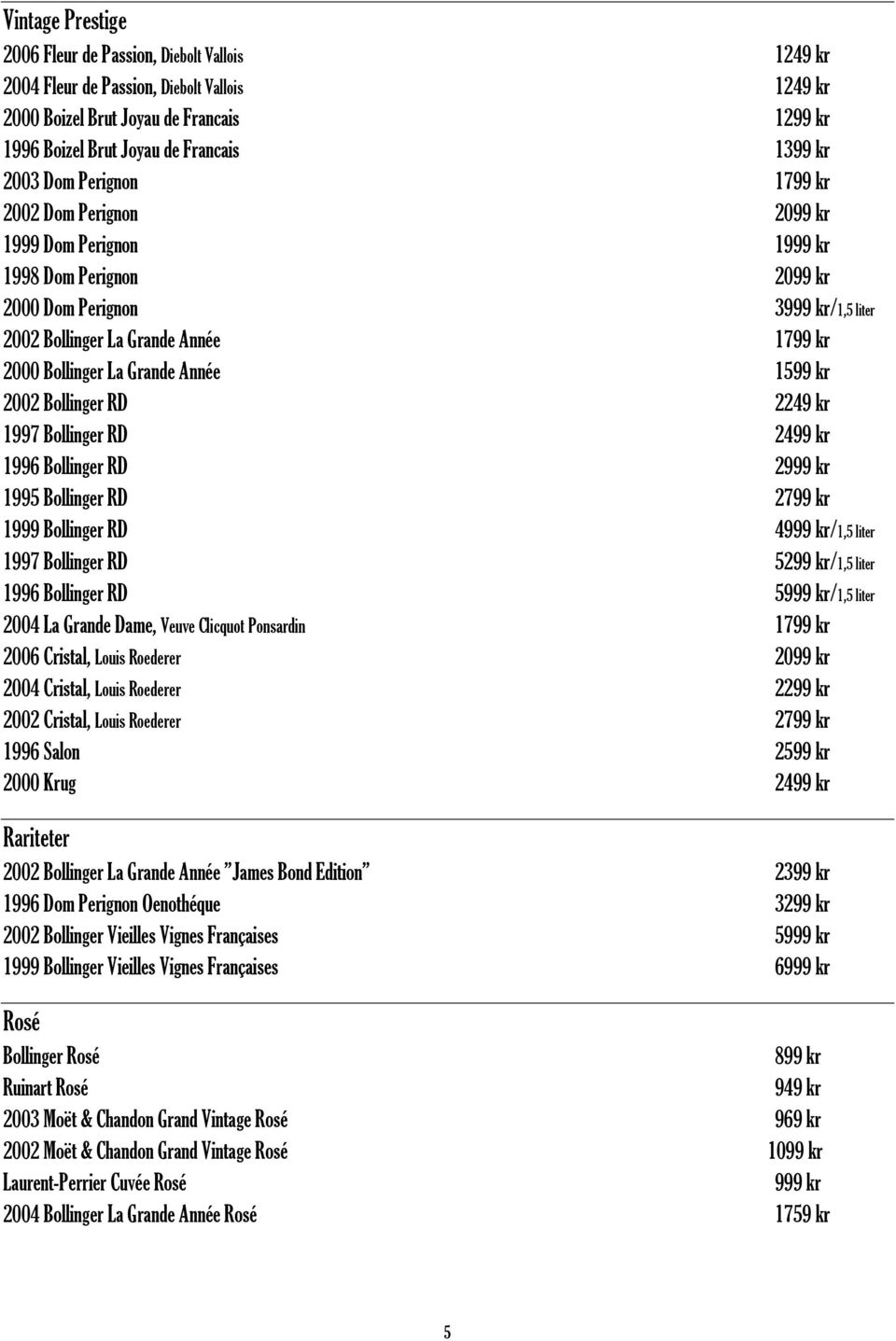 Grande Année 1599 kr 2002 Bollinger RD 2249 kr 1997 Bollinger RD 2499 kr 1996 Bollinger RD 2999 kr 1995 Bollinger RD 2799 kr 1999 Bollinger RD 4999 kr/1,5 liter 1997 Bollinger RD 5299 kr/1,5 liter