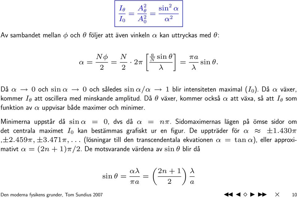 Då θ växer, kommer också α att växa, så att I θ som funktion av α uppvisar både maximer och minimer. Minimerna uppstår då sin α = 0, dvs då α = nπ.