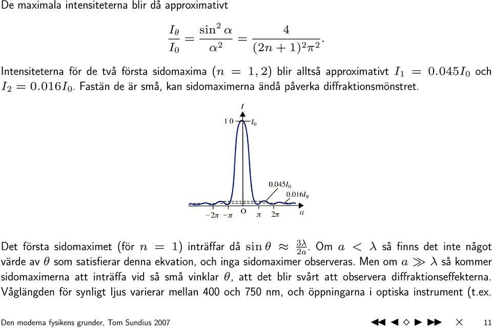 Om a < λ så finns det inte något värde av θ som satisfierar denna ekvation, och inga sidomaximer observeras.