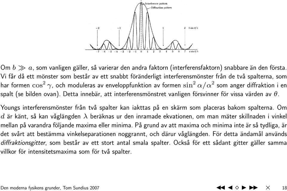 diffraktion i en spalt (se bilden ovan). Detta innebär, att interferensmönstret vanligen försvinner för vissa värden av θ.