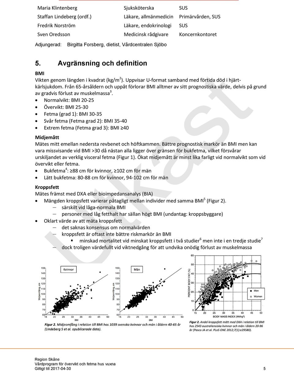 Avgränsning och definition BMI Vikten genom längden i kvadrat (kg/m 2 ). Uppvisar U-format samband med förtida död i hjärtkärlsjukdom.