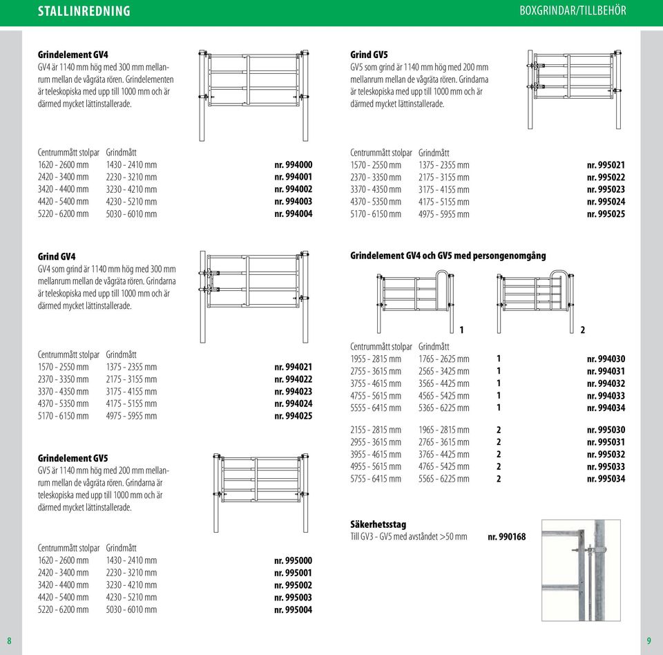 Centrummått stolpar 60-600 mm 40-3400 mm 340-4400 mm 440-5400 mm 50-600 mm Grindmått 430-40 mm 30-30 mm 330-40 mm 430-50 mm 5030-600 mm nr. 994000 nr. 99400 nr. 99400 nr. 994003 nr.