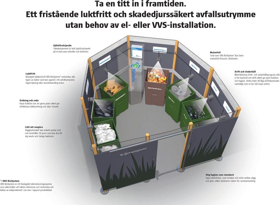 Luktfritt Biologisk luktkontroll ORS BioSystem * motverkar alla typer av lukter som kan uppstå i ett avfallsutrymme. Ingen kylning eller ozonbehandling krävs.