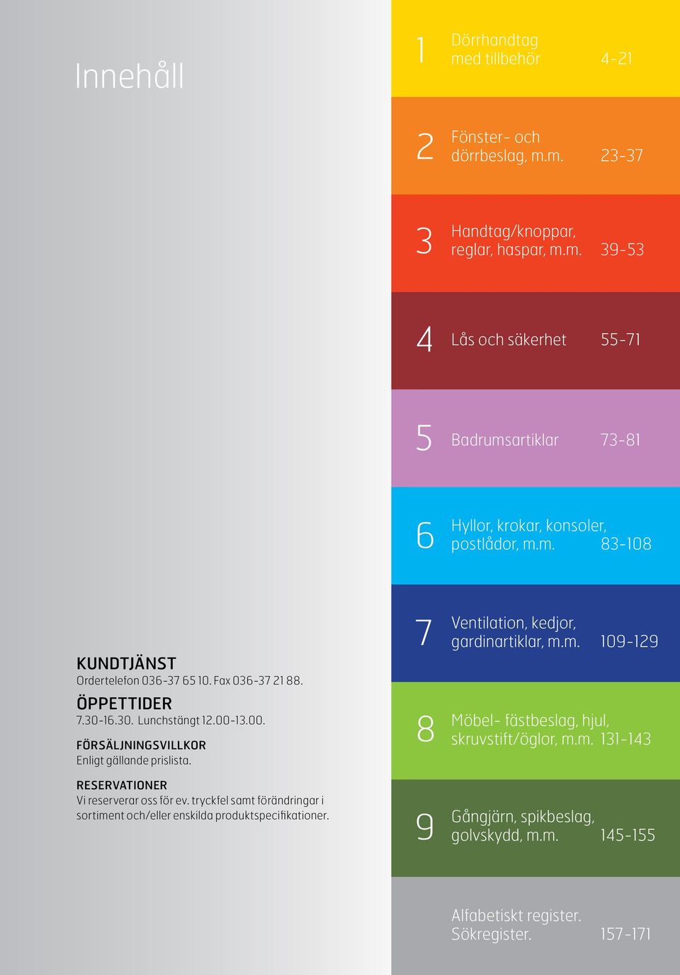 Reservationer Vi reserverar oss för ev. tryckfel samt förändringar i sortiment och/eller enskilda produktspecifikationer. 7 8 9 Ventilation, kedjor, gardinartiklar, m.m. 109-129 Möbel- fästbeslag, hjul, skruvstift/öglor, m.