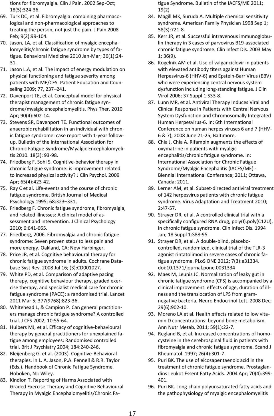 Classification of myalgic encephalomyelitis/chronic fatigue syndrome by types of fatigue. Behavioral Medicine 2010 Jan-Mar; 36(1):24-31. 71. Jason L.A, et al.