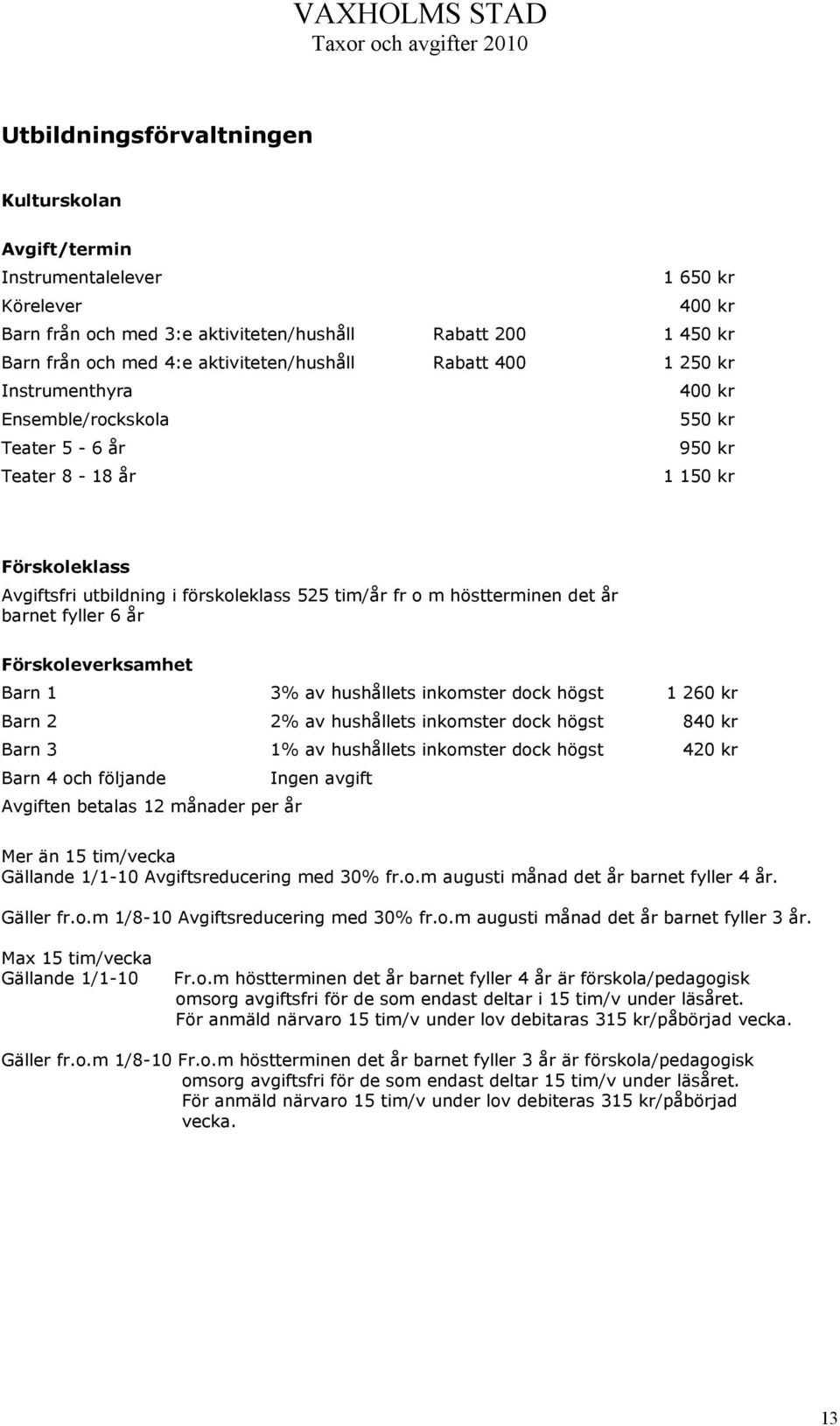 o m höstterminen det år barnet fyller 6 år Förskoleverksamhet Barn 1 3% av hushållets inkomster dock högst 1 260 kr Barn 2 2% av hushållets inkomster dock högst 840 kr Barn 3 1% av hushållets