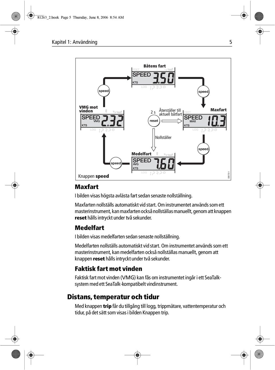 speed D8173-1 Maxfart I bilden visas högsta avlästa fart sedan senaste nollställning. Maxfarten nollställs automatiskt vid start.