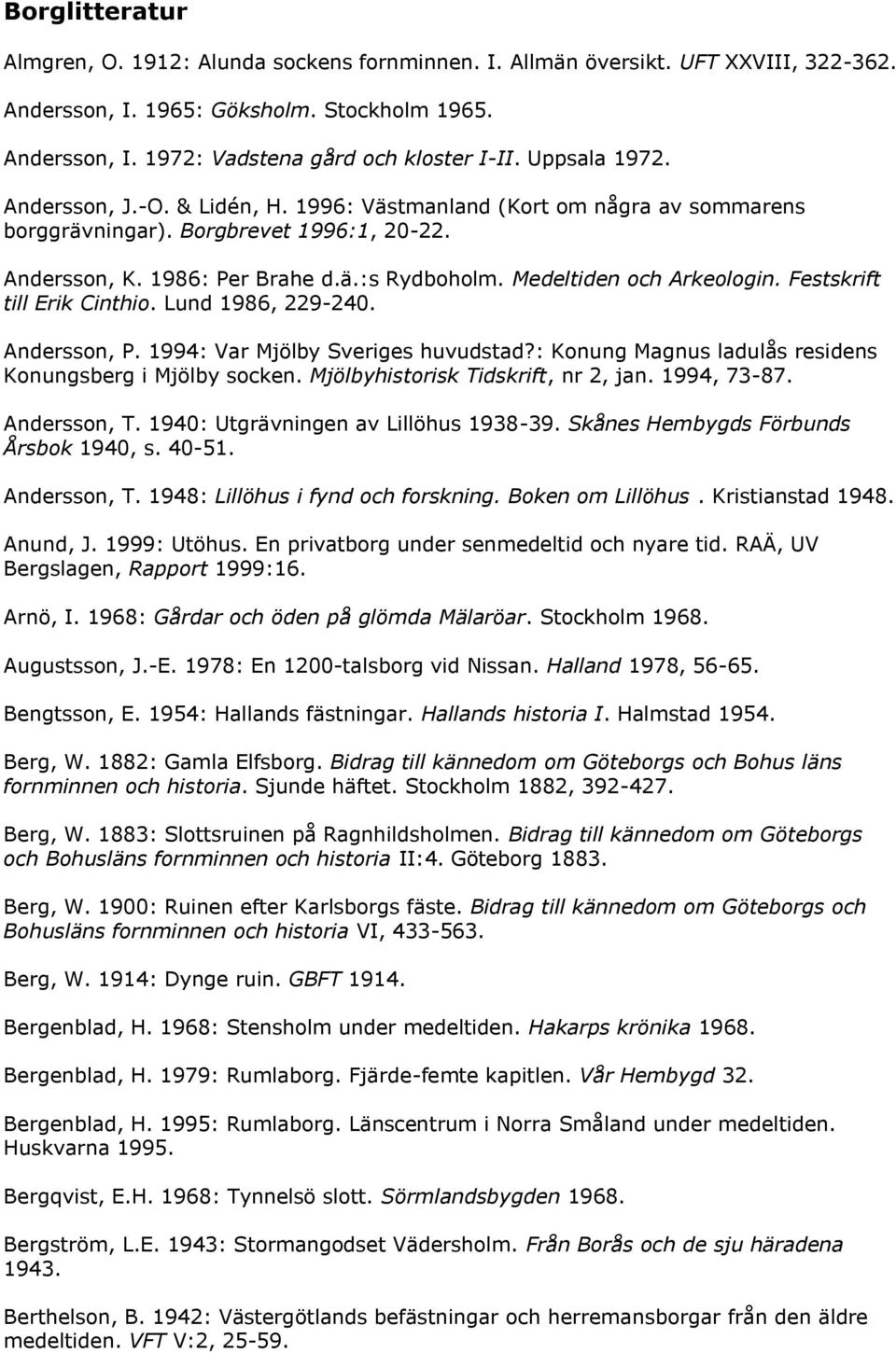 Medeltiden och Arkeologin. Festskrift till Erik Cinthio. Lund 1986, 229-240. Andersson, P. 1994: Var Mjölby Sveriges huvudstad?: Konung Magnus ladulås residens Konungsberg i Mjölby socken.