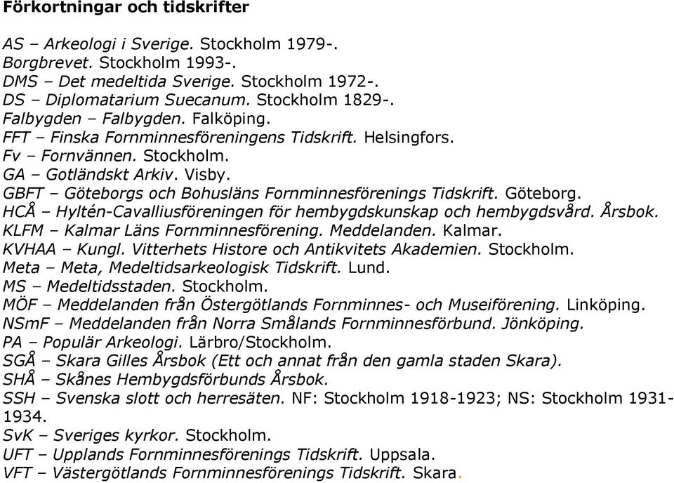 GBFT Göteborgs och Bohusläns Fornminnesförenings Tidskrift. Göteborg. HCÅ Hyltén-Cavalliusföreningen för hembygdskunskap och hembygdsvård. Årsbok. KLFM Kalmar Läns Fornminnesförening. Meddelanden.