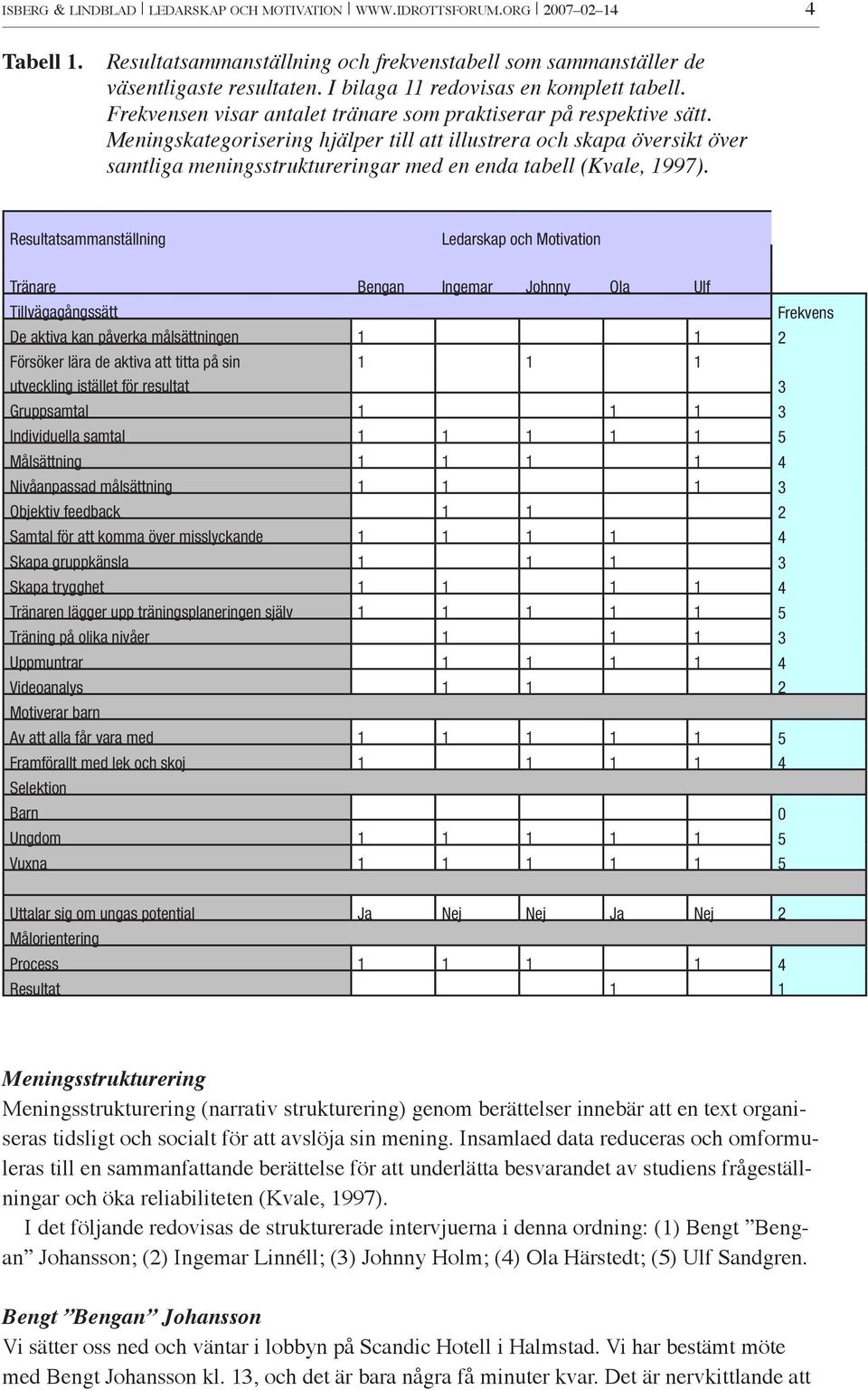 Meningskategorisering hjälper till att illustrera och skapa översikt över samtliga meningsstruktureringar med en enda tabell (Kvale, 1997).