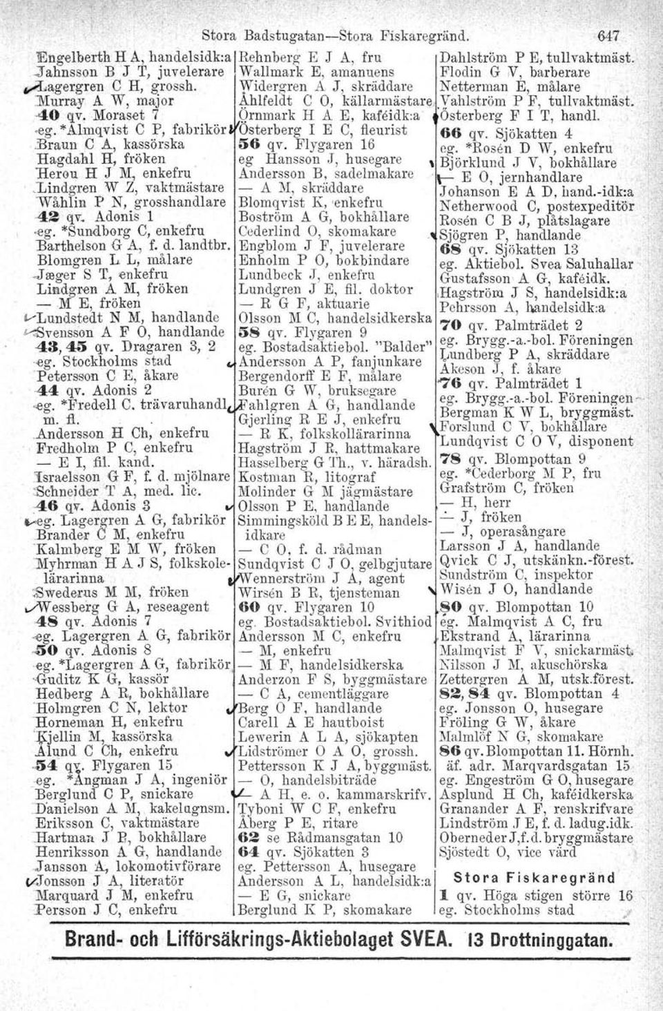 Moraset 7 Qrnmark H A E, kafeidk:a Österberg F I T, handl. -eg. *Almqvist C o~, fabrikör Österberg I E C, f1eurist 66 qv. Sjökatten 4.Braun e A, k~~sorska 36 qv.