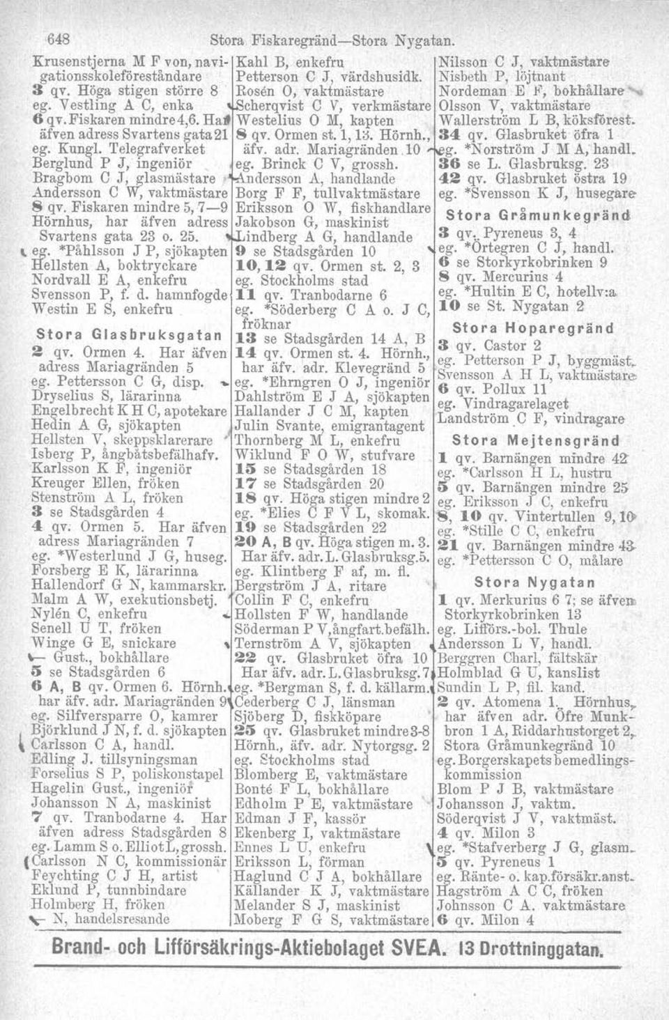 Hal Westelius O M, kapten Wallerström L B, köksförest. äfven adress Svartens gata2l S qv. Ormen st. 1, 1;). Hörnh., 34 qv. Glasbruket öfra 1 ego Kungl. Telegrafverket äfv. adr. Mariagränden.10 g.