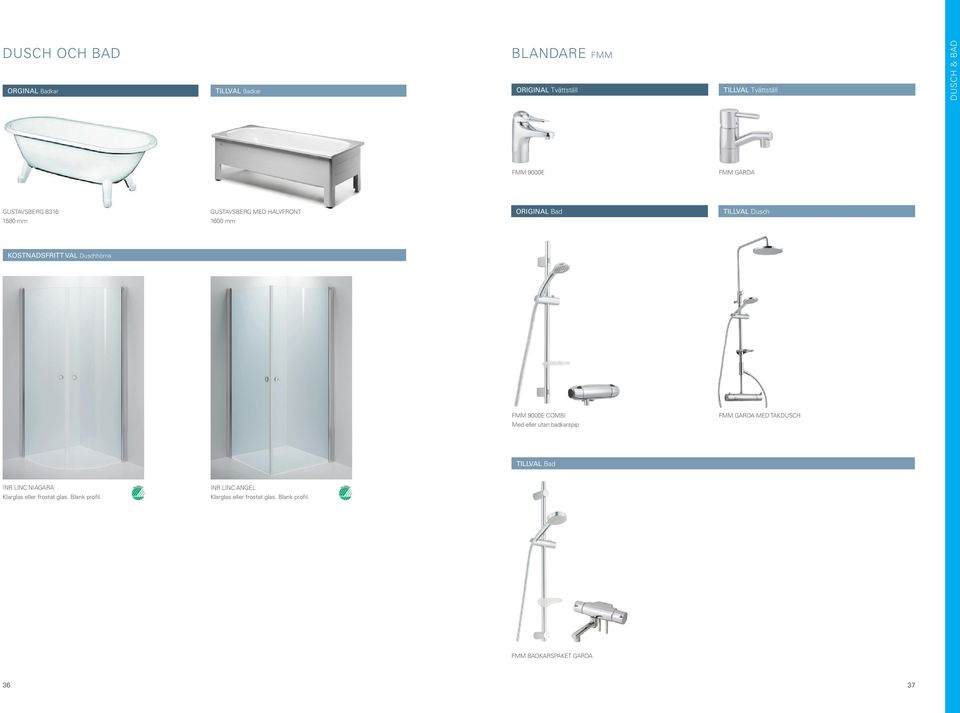 9000E COMBI Med eller utan badkarspip FMM GARDA MED TAKDUSCH Bad INR LINC NIAGARA Klarglas eller