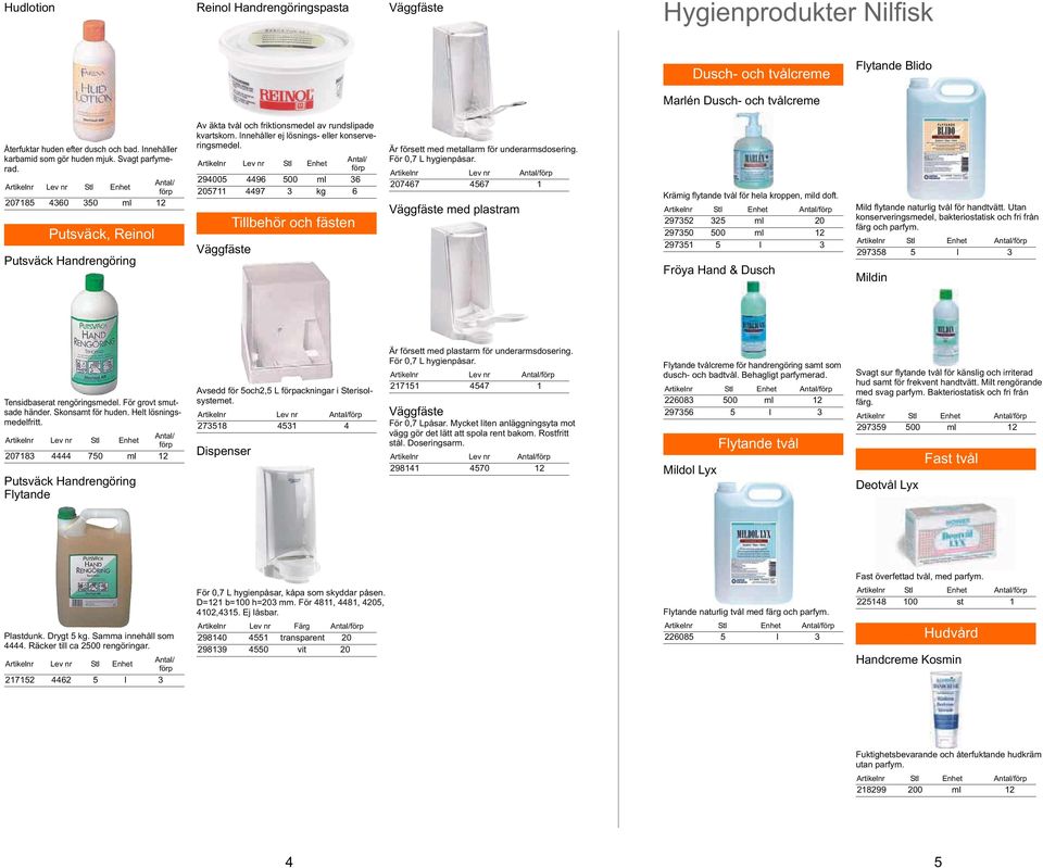 Innehåller ej lösnings- eller konserveringsmedel. 294005 4496 500 ml 36 205711 4497 3 kg 6 Väggfäste Tillbehör och fästen Är försett med metallarm för underarmsdosering. För 0,7 L hygienpåsar.